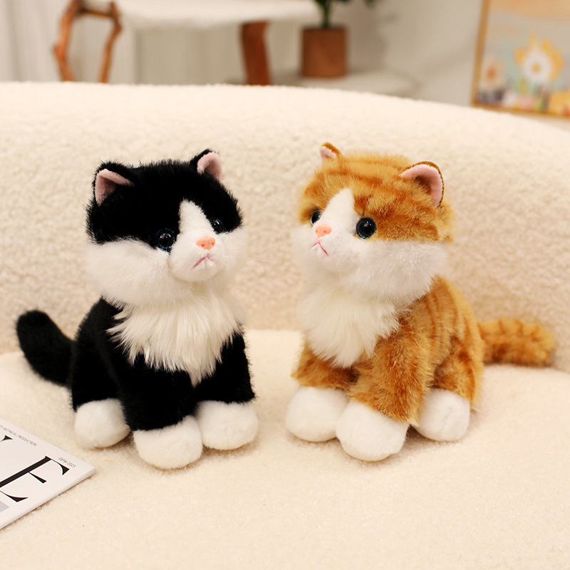 Black and Orange Tabby Realistic Cat Plush Toys with fluffy fur and lifelike sitting kitten designs