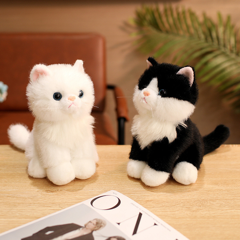 White and Black Realistic Cat Plush Toys with soft fluffy fur and adorable sitting kitten designs
