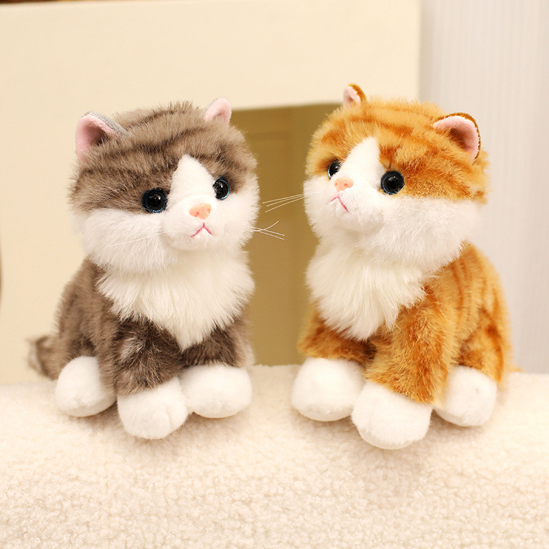 Brown Tabby and Orange Tabby Realistic Cat Plush Toys with fluffy fur and charming sitting kitten designs