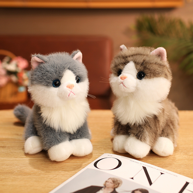 Gray and Brown Tabby Realistic Cat Plush Toys with fluffy fur and lifelike sitting kitten designs