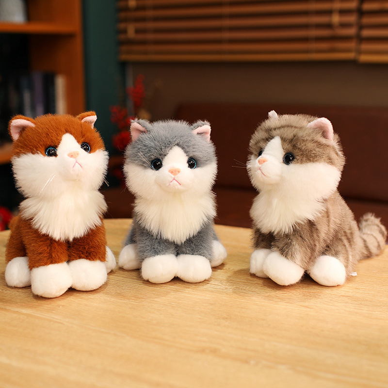 Dark Brown, Gray, and Brown Tabby Realistic Cat Plush Toys with fluffy fur for display and decoration