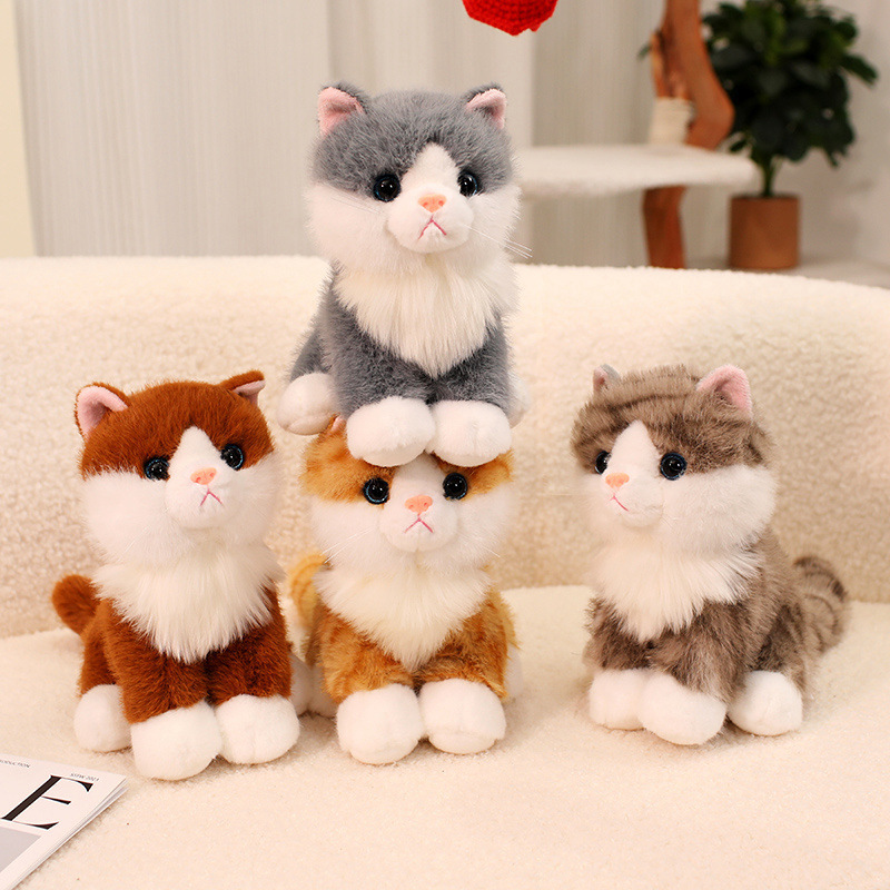 Realistic Cat Plush Toys in four adorable cat colors with fluffy fur and sitting poses for display and decoration