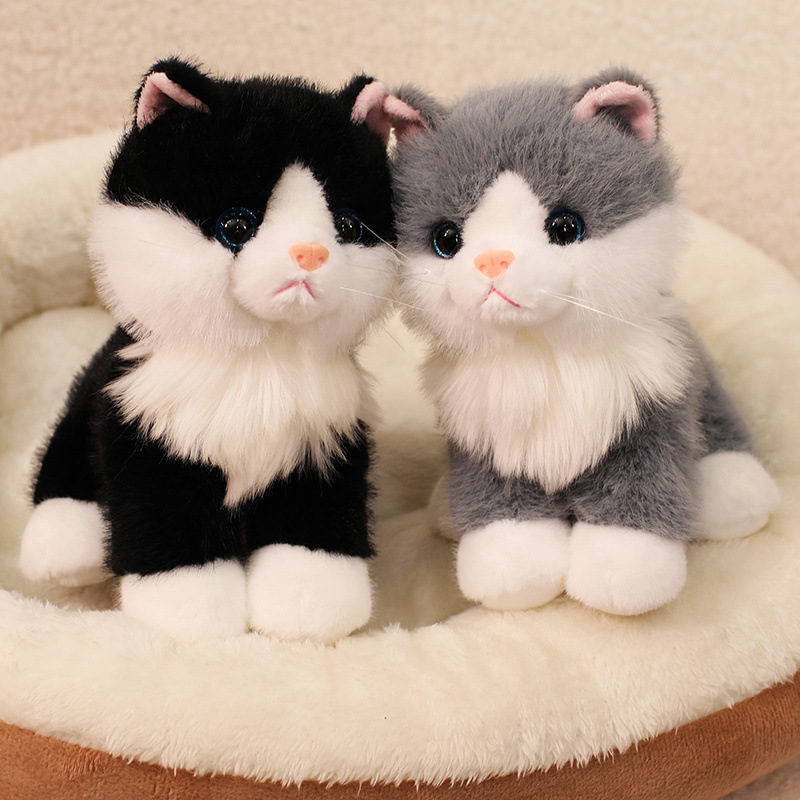 Black and Gray Realistic Cat Plush Toys with soft fluffy fur and lifelike sitting kitten designs