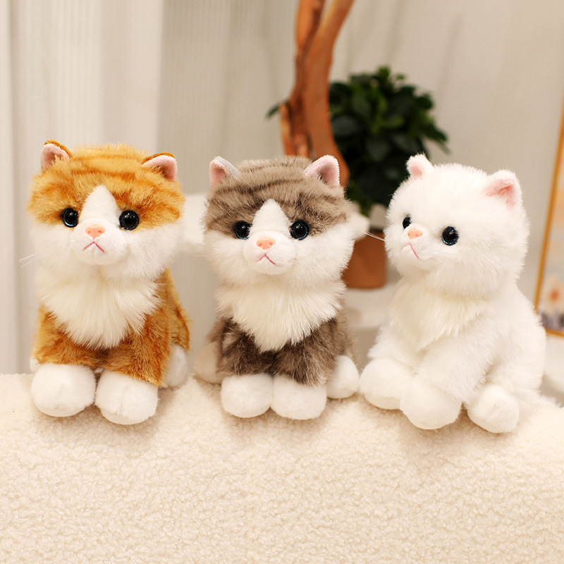 Orange Tabby, Brown Tabby, and White Realistic Cat Plush Toys with soft fluffy fur for shelves and desks