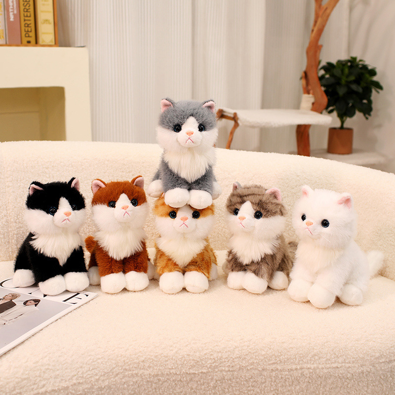 Realistic Cat Plush Toys arranged in six cat colors for decorating shelves, desks, and cozy living spaces