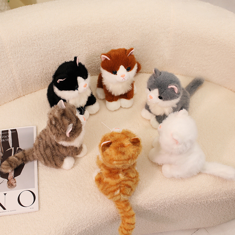 Realistic Cat Plush Toys showing fluffy tails and detailed back view in multiple cat colors
