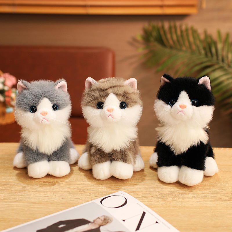 Gray, Brown Tabby, and Black Realistic Cat Plush Toys with lifelike sitting kitten designs and soft plush fabric