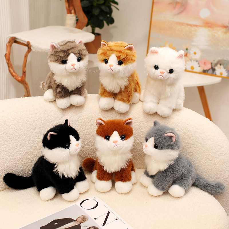 Realistic Cat Plush Toys in six adorable cat colors with fluffy fur and sitting poses for display and collection