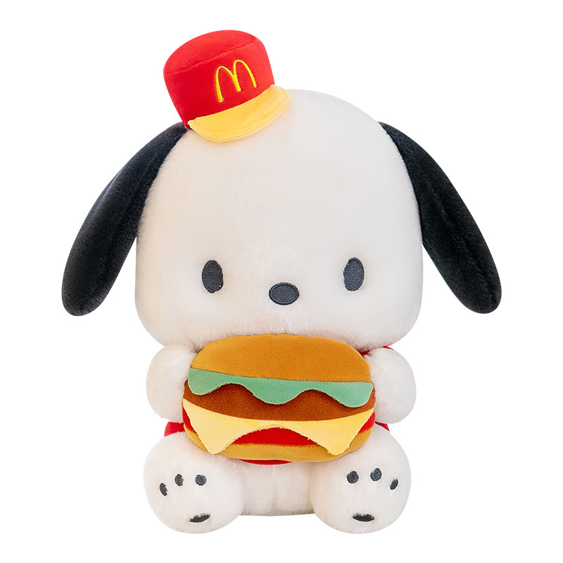 Cute Burger Dog Plush Toy with soft plush fabric, fluffy PP cotton filling, and adorable burger design