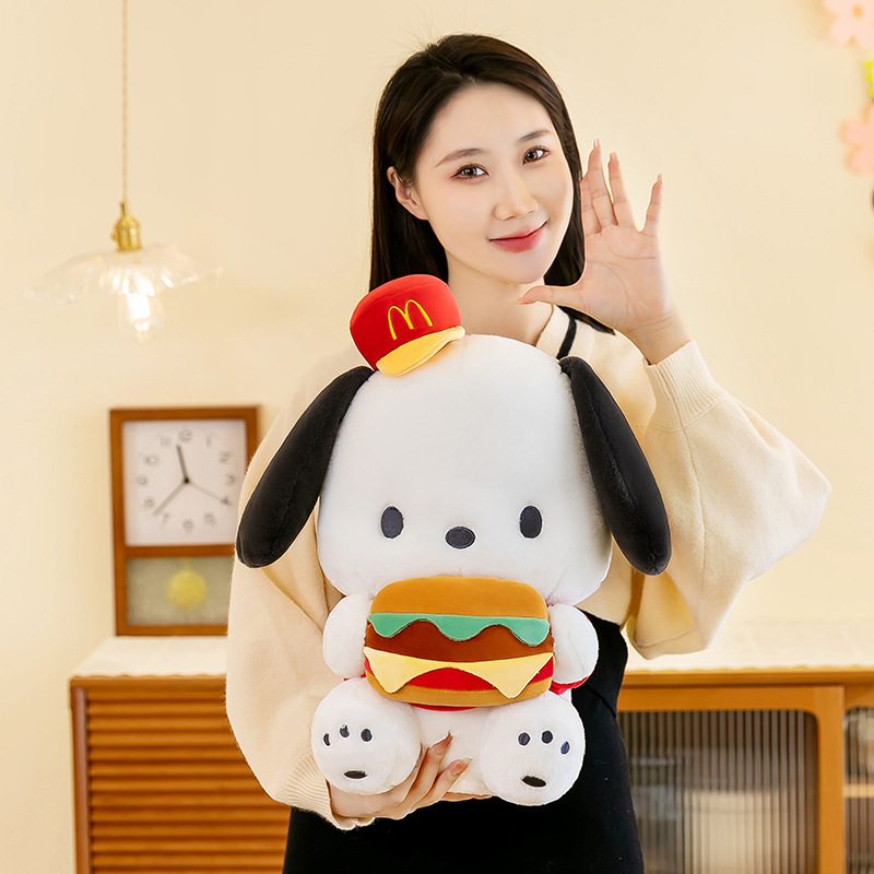 Cute Burger Dog Plush Toy with a soft plush texture, ideal for cuddling, gifting, and brightening cozy living spaces