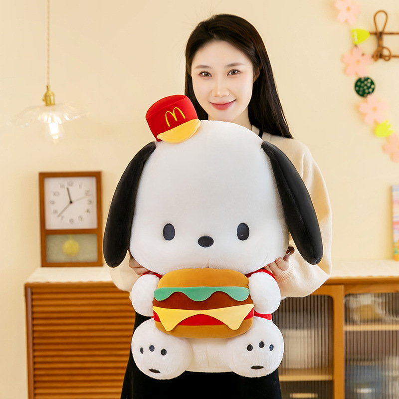 Cute Burger Dog Plush Toy in a cozy home setting, showcasing its cuddly size and soft plush design for hugs and display