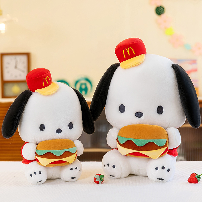 Cute Burger Dog Plush Toys in two sizes with soft plush fabric, perfect for cuddling, displaying, and gifting