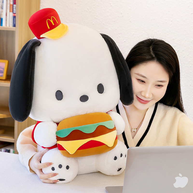 Cute Burger Dog Plush Toy beside a workspace, adding a soft and playful touch to desks, study areas, and cozy home offices