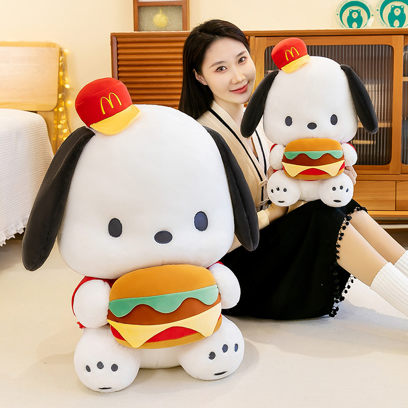 Cute Burger Dog Plush Toy available in multiple sizes for cozy room decor, cuddling, and display