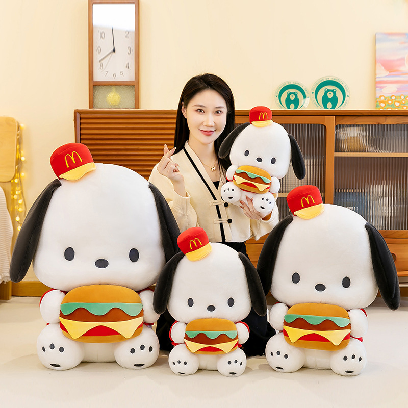 Cute Burger Dog Plush Toy in multiple sizes for cuddling, decorating bedrooms, shelves, and cozy spaces