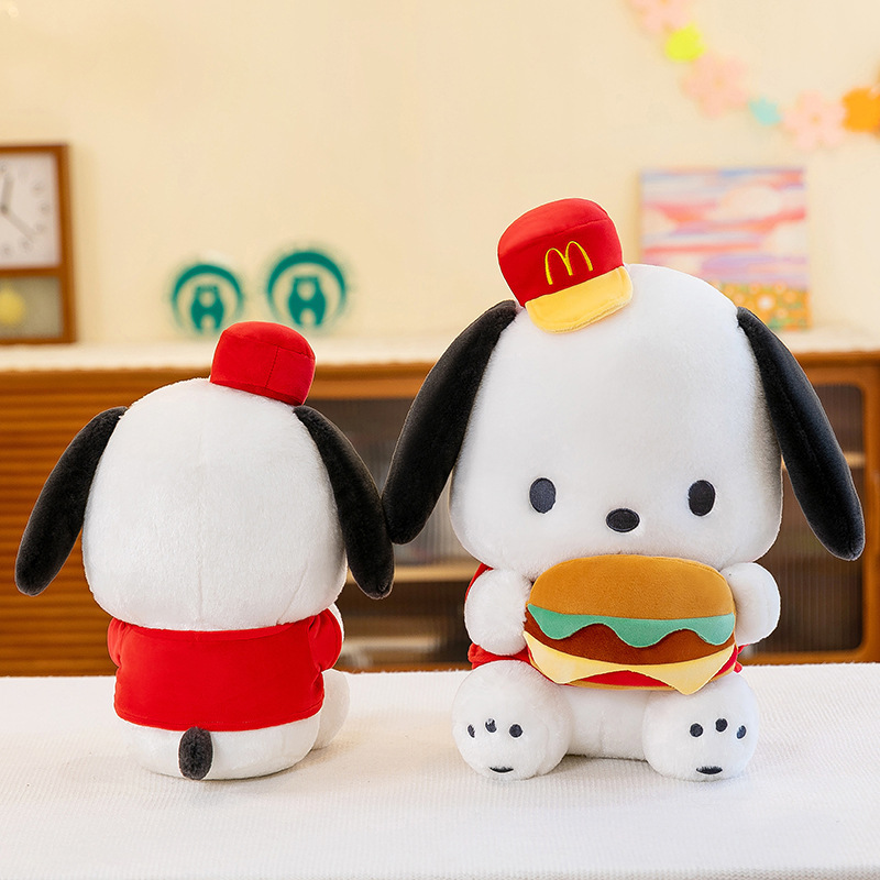 Front and back view of the Cute Burger Dog Plush Toy featuring soft plush fabric and adorable burger design