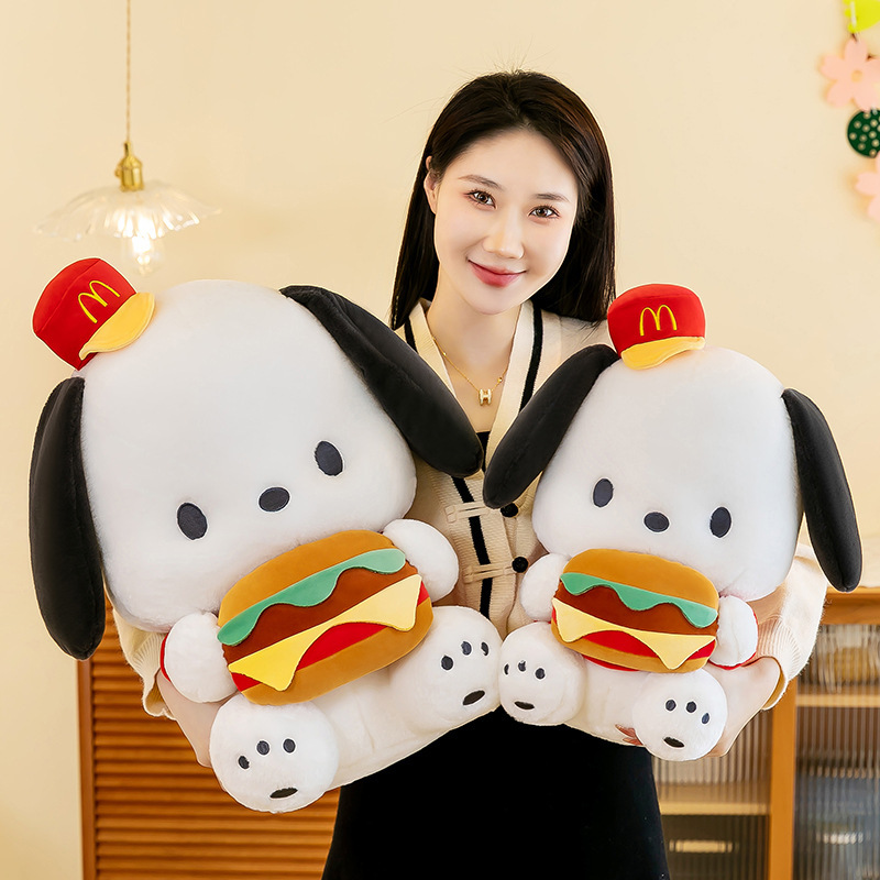 Cute Burger Dog Plush Toy in two sizes with soft plush fabric, perfect for cuddling, decorating, and gifting