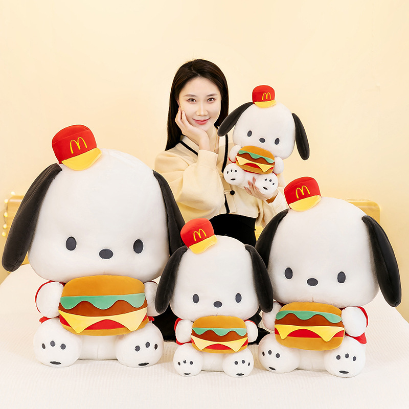 Cute Burger Dog Plush Toy available in four sizes, perfect for cuddling, decorating, and collecting