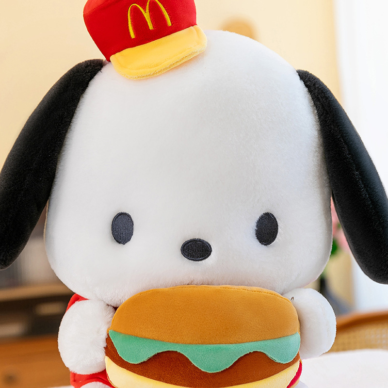 Close-up of the Cute Burger Dog Plush Toy featuring soft plush fabric, embroidered facial details, and a colorful burger