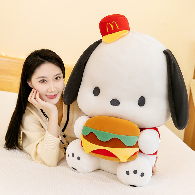 Cute Burger Dog Plush Toy in a cozy bedroom setting, showing the 73 cm size for display and cuddling