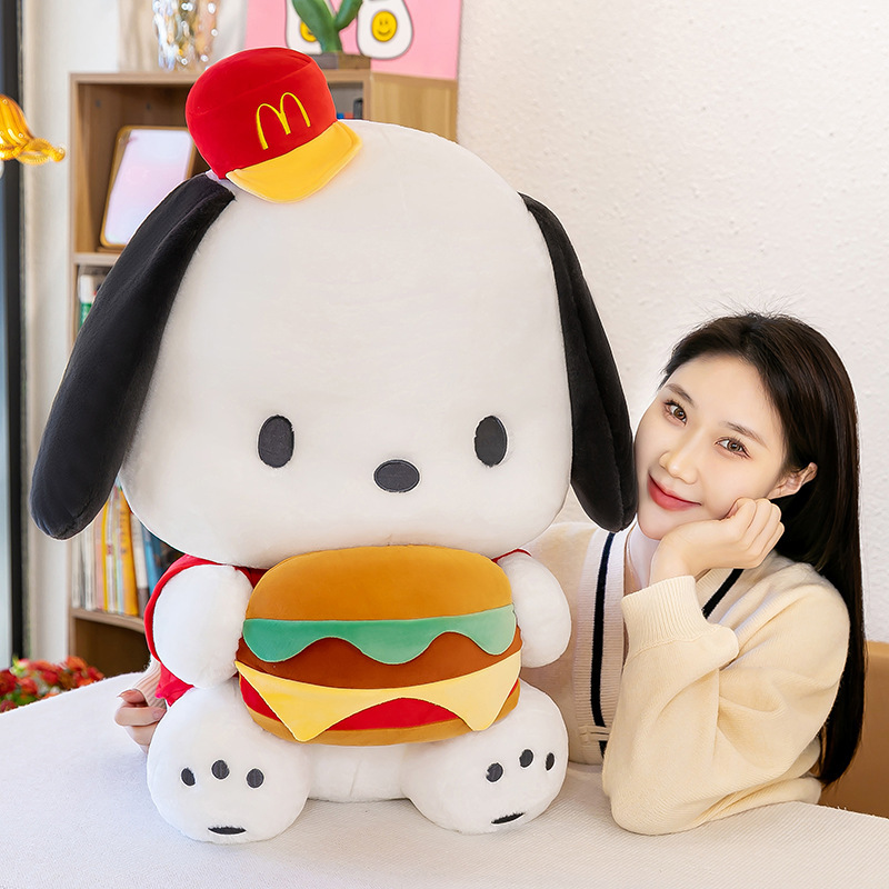 Cute Burger Dog Plush Toy with a soft plush finish, perfect for cuddling, displaying, and adding cozy charm to bedrooms and living spaces