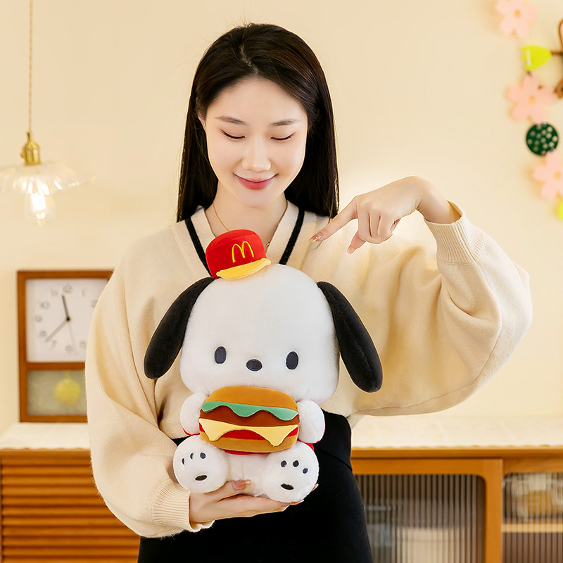Cute Burger Dog Plush Toy with a soft plush finish, perfect for cuddling, decorating bedrooms, and adding playful charm to cozy spaces