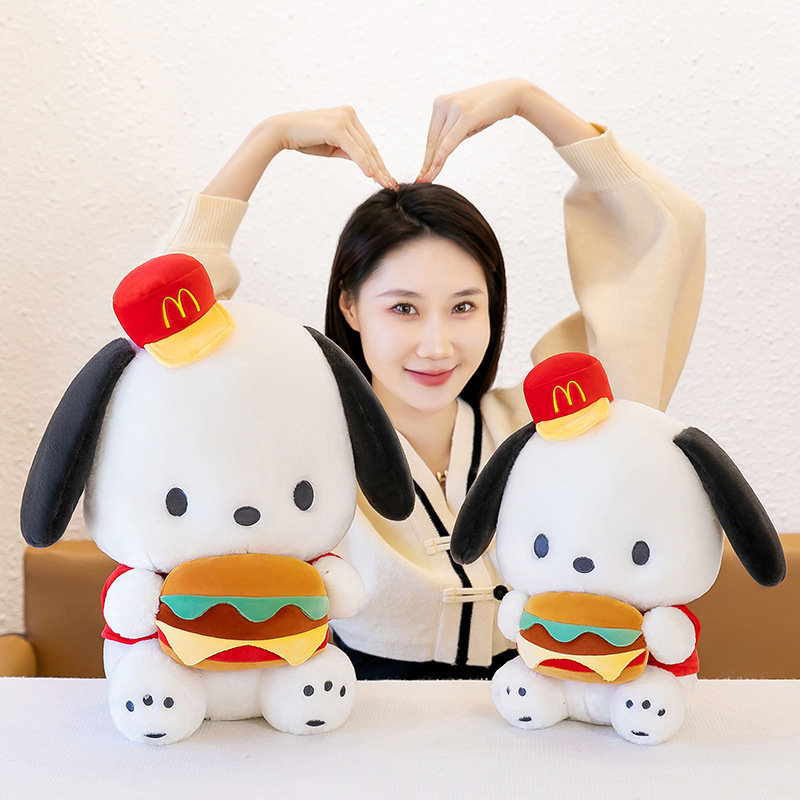 Cute Burger Dog Plush Toys in two sizes with soft plush fabric, perfect for cuddling, displaying, and collecting