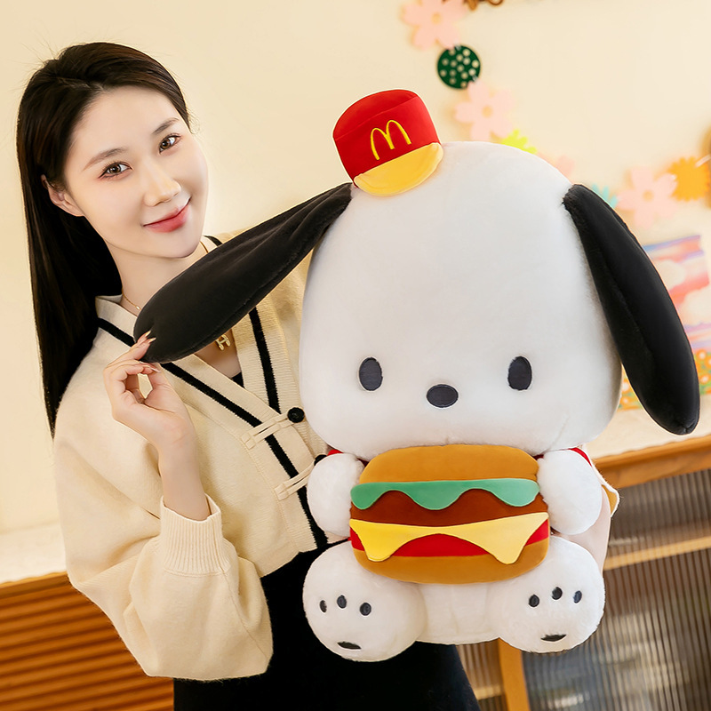 Cute Burger Dog Plush Toy with floppy ears, soft plush fabric, and a cozy decorative style