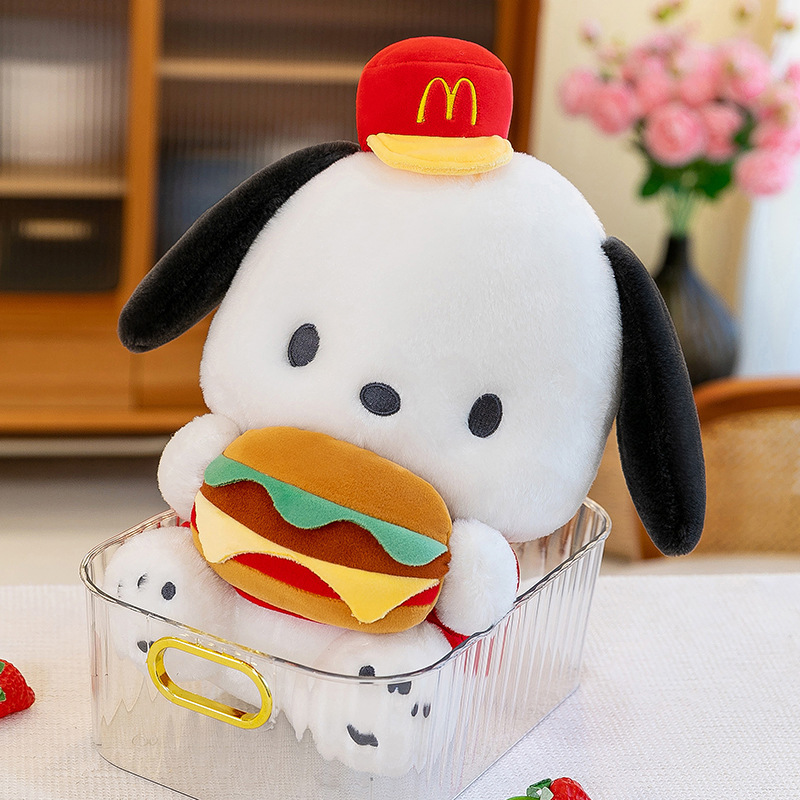 Cute Burger Dog Plush Toy resting in a clear storage basket, adding a playful touch to bedrooms, shelves, and cozy home decor