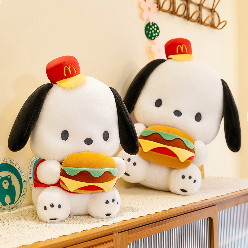Cute Burger Dog Plush Toys in two sizes, perfect for decorating shelves, bedrooms, and cozy spaces