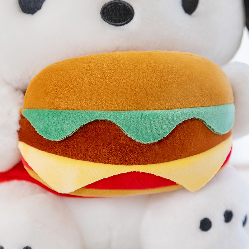 Close-up of the colorful burger held by the Cute Burger Dog Plush Toy with layered plush details