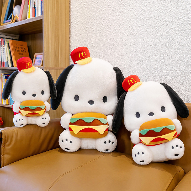 Cute Burger Dog Plush Toys displayed on a sofa, creating a cozy home decor accent with soft plush comfort and playful charm