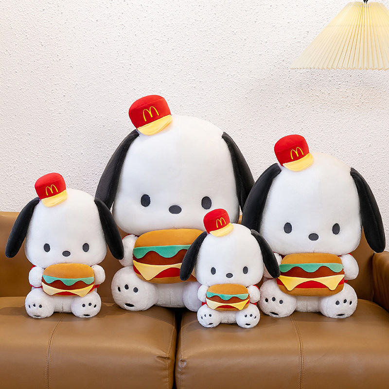 Cute Burger Dog Plush Toys in four sizes displayed on a sofa, showcasing the available size options for cuddling and decorating