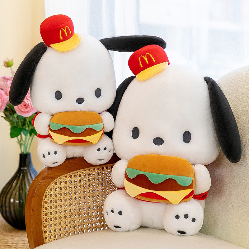 Cute Burger Dog Plush Toys displayed on a chair, adding a playful and cozy touch to living rooms and reading nooks