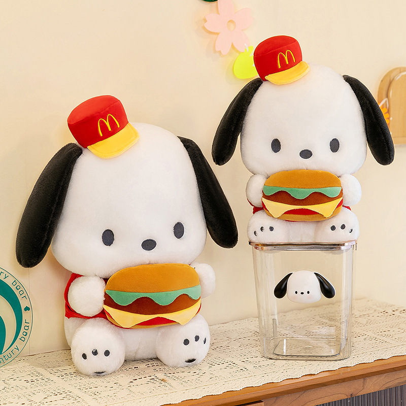 Cute Burger Dog Plush Toys displayed on a shelf, adding a playful and cozy touch to bedrooms and living spaces