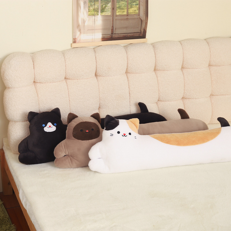 Cute Long Cat Plush Pillows arranged on a bed, creating a warm and cozy bedroom atmosphere for relaxing, cuddling, and decorating
