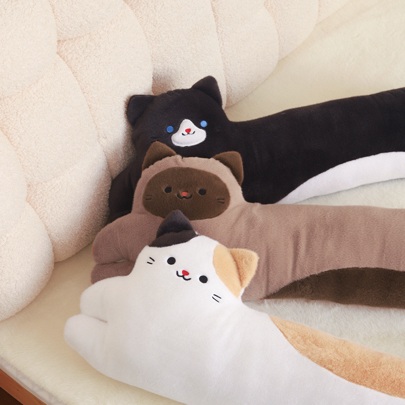 Cute Long Cat Plush Pillows in Dark Gray Cat, Calico Cat, and Siamese Cat designs with soft plush fabric, perfect for hugging, sleeping, and cozy home decor