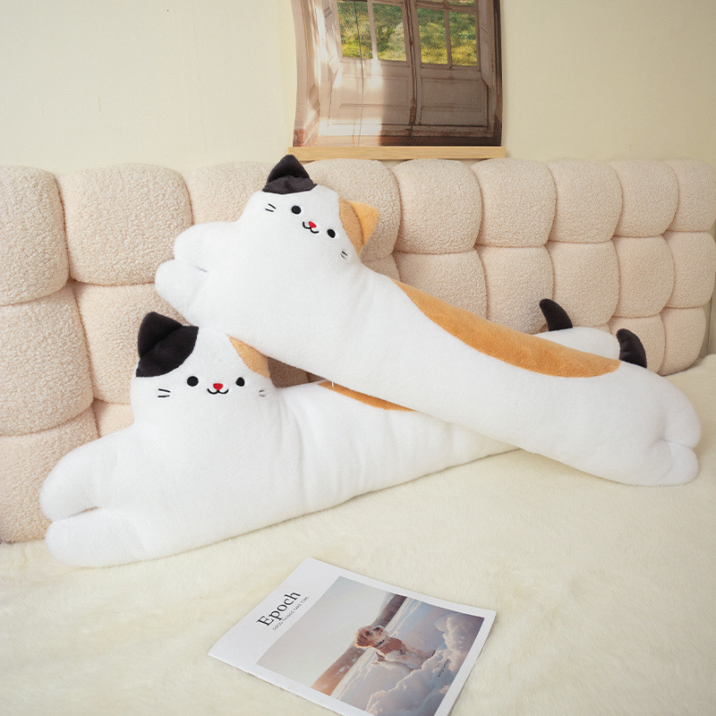 Calico Cat Long Plush Pillows in 100 cm and 120 cm sizes displayed on a cozy bed, featuring soft plush fabric and an elongated design for hugging, sleeping, and relaxing