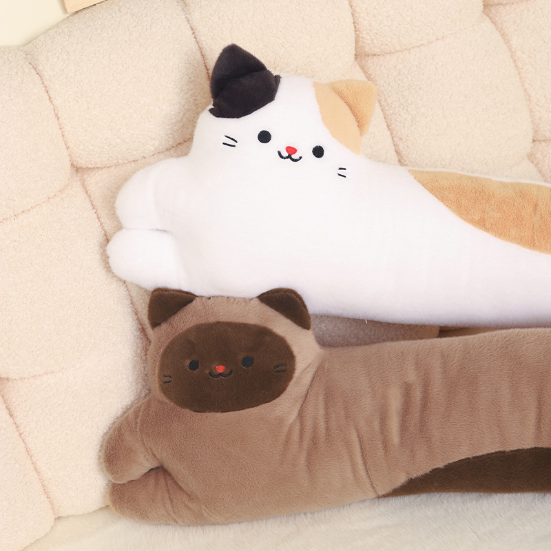 Calico Cat and Siamese Cat Long Plush Pillows displayed on a cozy bed, adding soft comfort and a cute decorative touch to any bedroom