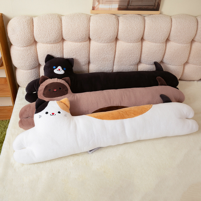 Cute Long Cat Plush Pillows in Dark Gray Cat, Calico Cat, and Siamese Cat designs displayed on a cozy bed, perfect for hugging, sleeping, and home decor