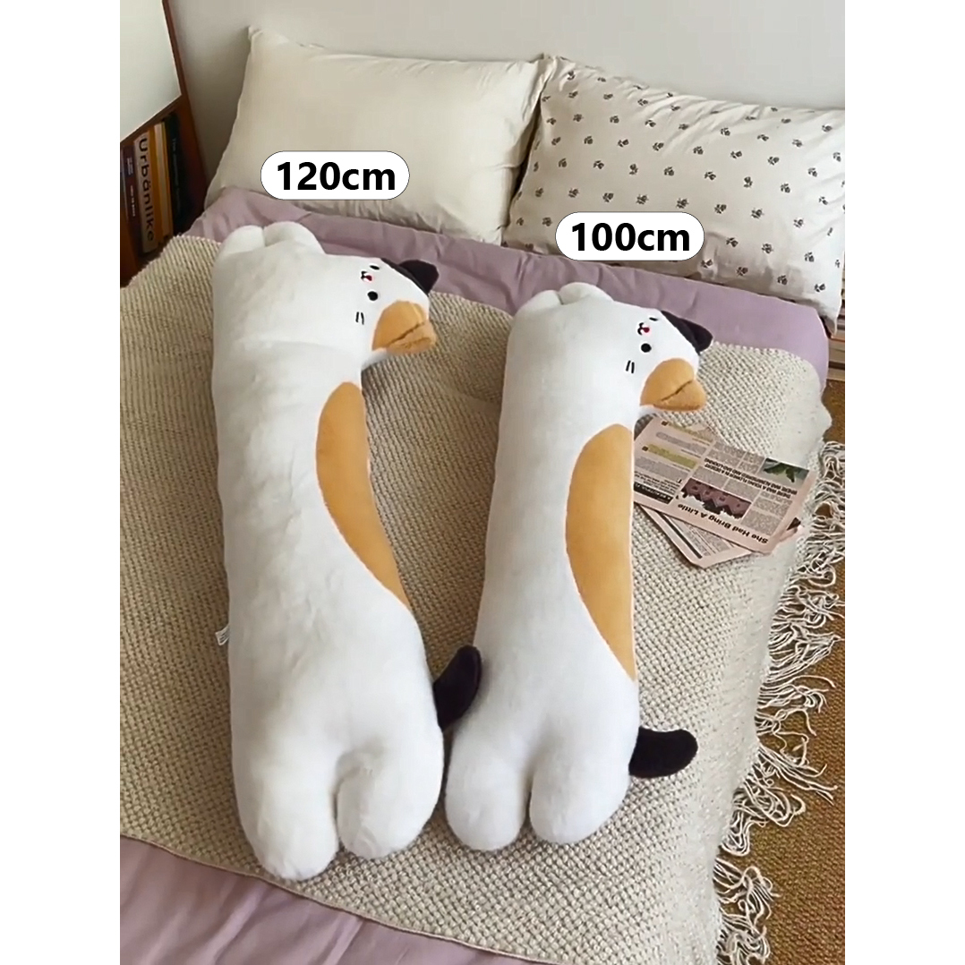 Cute Long Cat Plush Pillow in 100 cm and 120 cm sizes displayed side by side on a bed