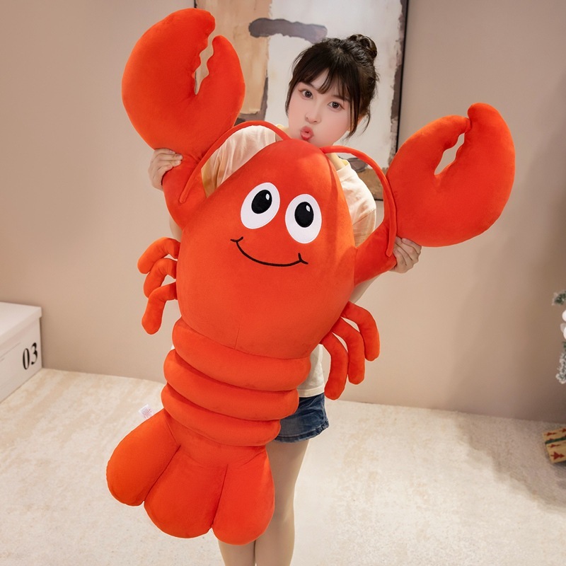Cute Lobster Plush Pillow with cheerful embroidered face and oversized claws, soft plush design perfect for hugging and cozy room decor