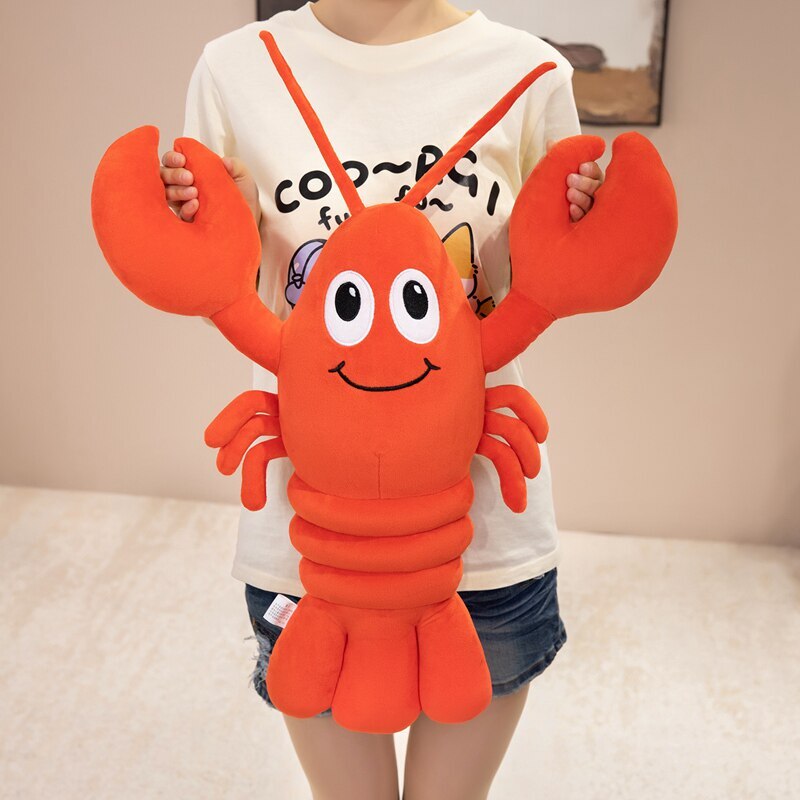 60 cm Cute Lobster Plush Pillow featuring a smiling lobster design, soft plush fabric, and oversized claws for cuddling, decorating, and gifting