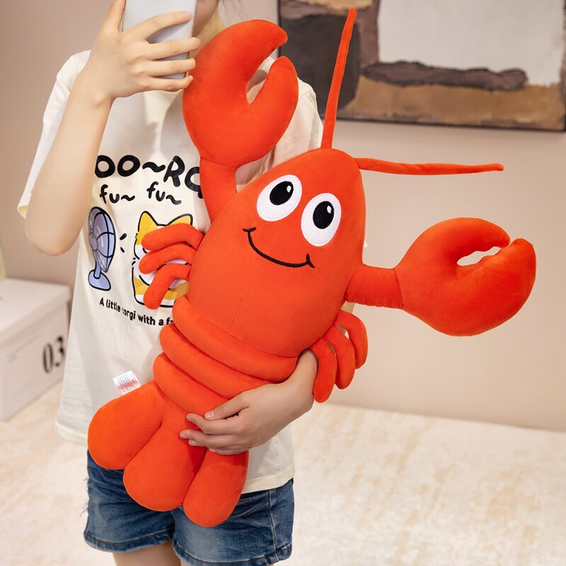 60 cm Cute Lobster Plush Pillow with soft plush fabric, cheerful embroidered face, and oversized claws, perfect for hugging and cozy relaxation