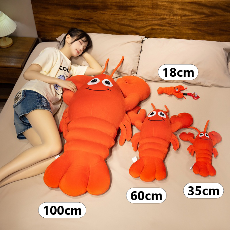 Cute Lobster Plush Pillow size comparison featuring 18 cm keychain, 35 cm, 60 cm, and 100 cm options for collecting, cuddling, and decorating