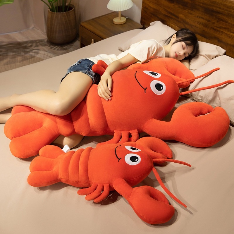 Cute Lobster Plush Pillows in 100 cm and 60 cm sizes, showcasing their soft plush design, cheerful smile, and oversized claws for cuddling and relaxing