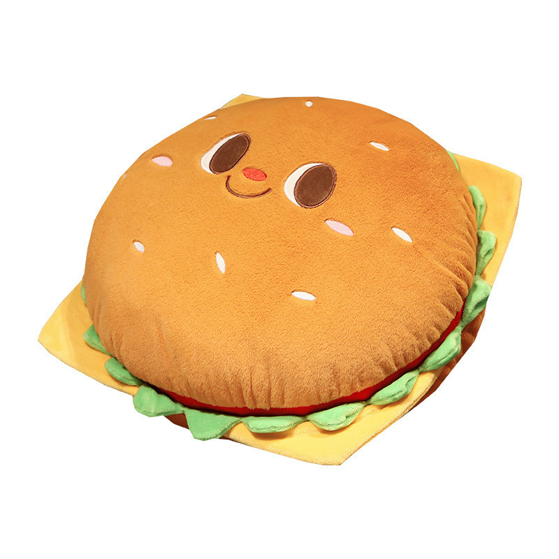 Burger Plush Pillow featuring a soft plush design with a smiling food-inspired character