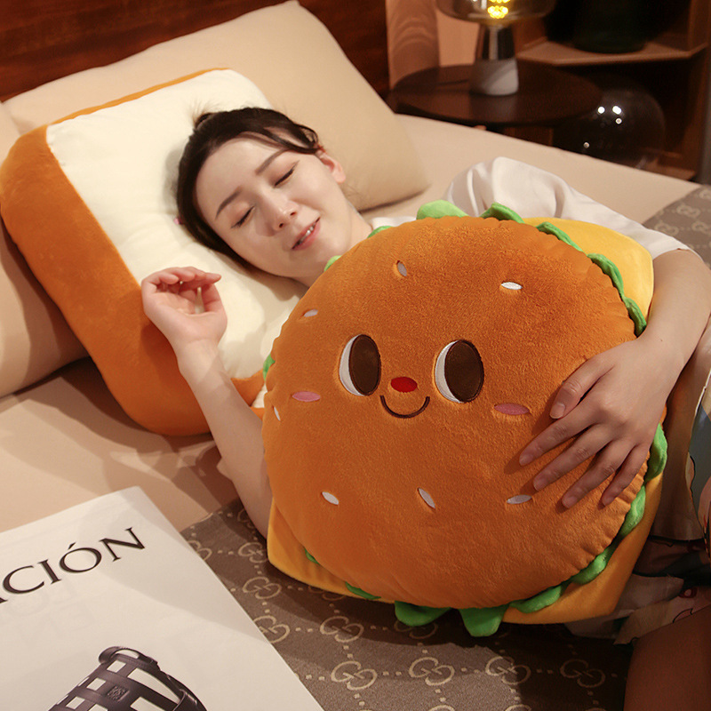 Burger Plush Pillow paired with a Toast Plush Pillow for relaxing and resting in bed