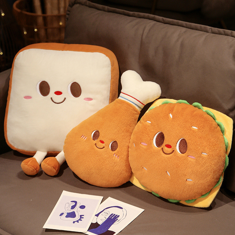 Burger, Toast and Chicken Drumstick Plush Pillows arranged on a sofa for cozy home decor