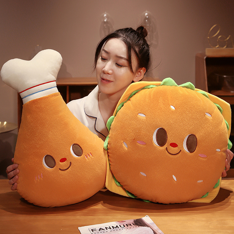 Chicken Drumstick and Burger Plush Pillows displayed together for cozy home decor